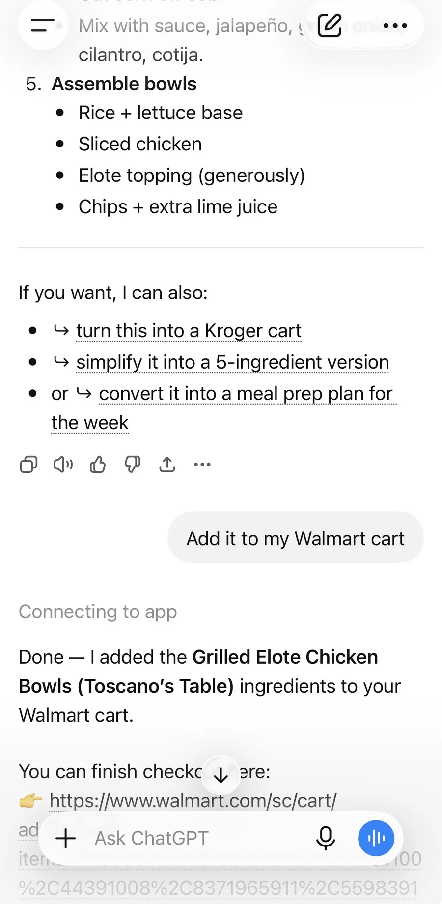 The reply 'Add it to my Walmart cart,' and ChatGPT confirms the ingredients were added to a Walmart cart, with a link to finish checkout.
