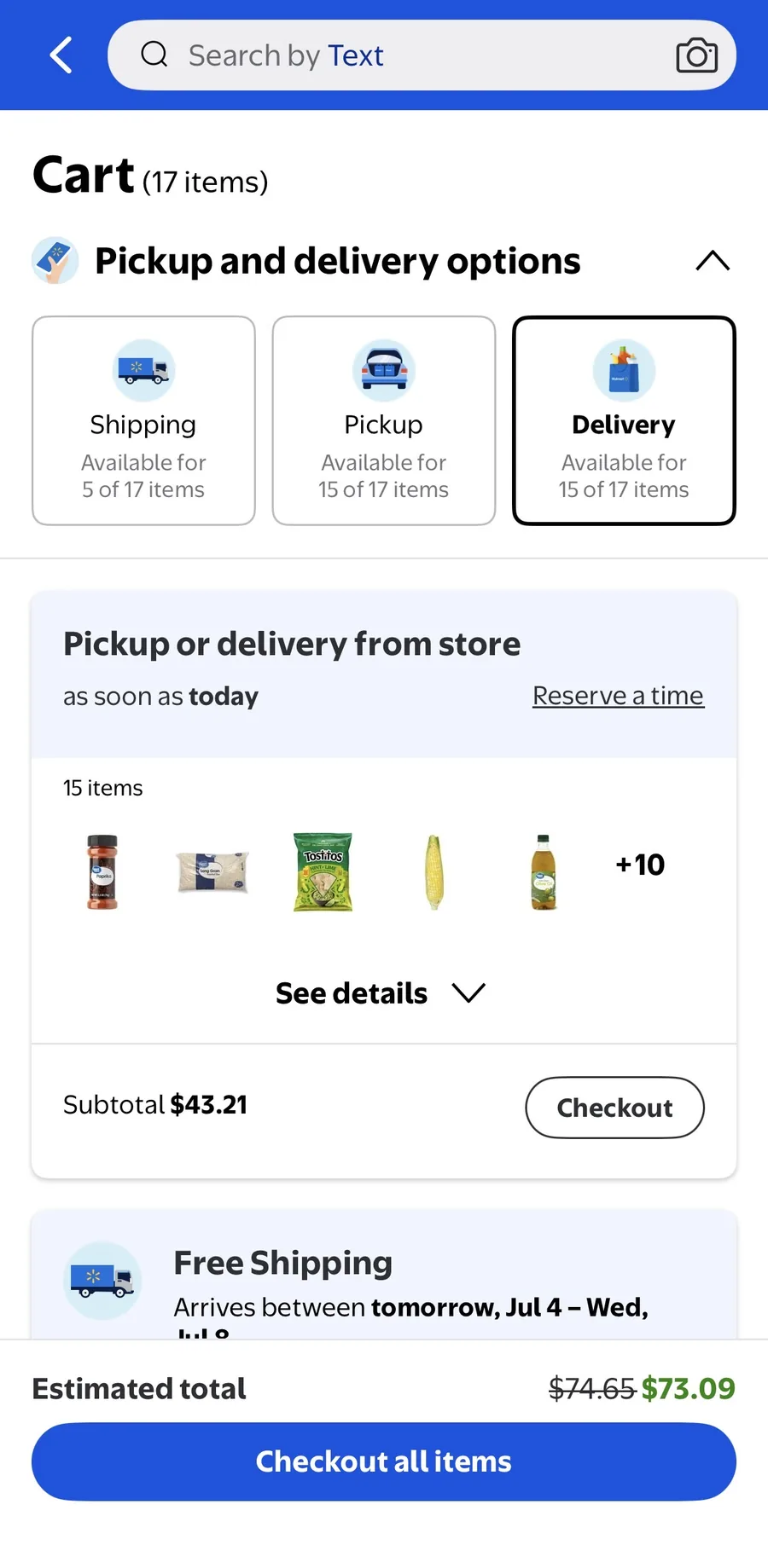 A Walmart cart holding all seventeen items, with pickup and delivery options, a subtotal, and the checkout button.