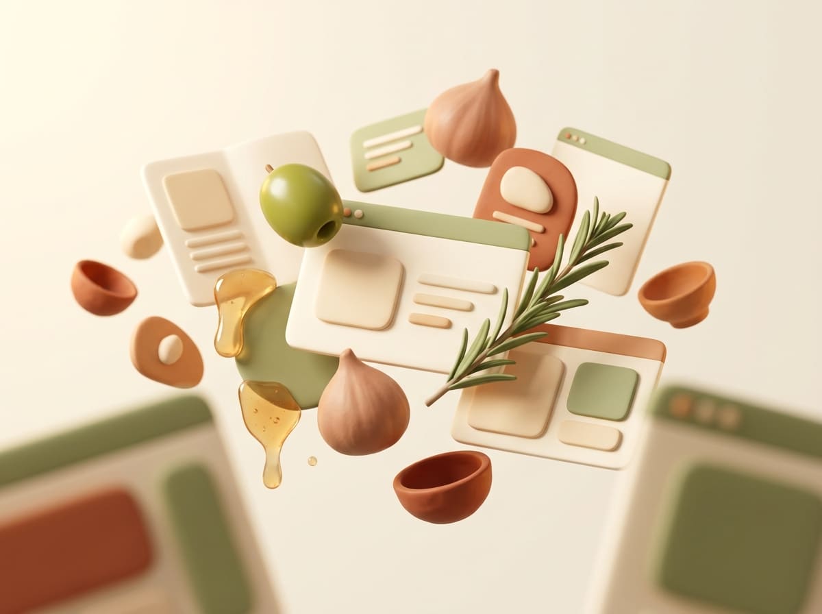 Whimsical 3D illustration of recipe app windows, olive, rosemary, honey, and terracotta shapes on cream